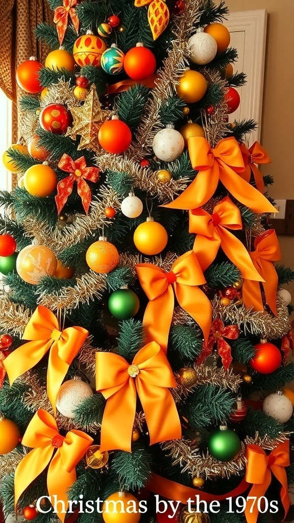 1970s Christmas Tree Decoration Ideas 1970s inspired Christmas tree with vibrant colors, tinsel, and vintage ornaments.